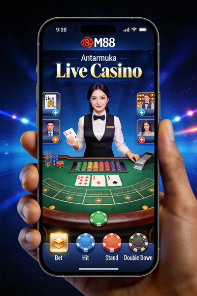 Antarmuka live casino M88 mobile dengan permainan blackjack yang ditampilkan di layar smartphone