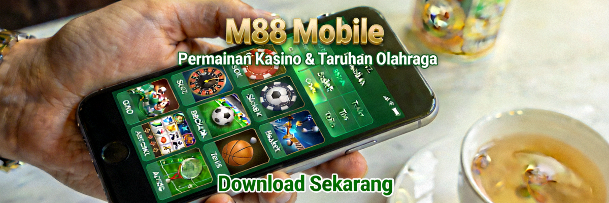 Banner promosi M88 mobile menampilkan antarmuka smartphone dengan berbagai pilihan permainan kasino dan taruhan olahraga