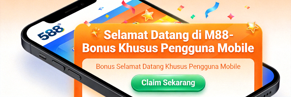 Ilustrasi bonus selamat datang khusus pengguna mobile M88 dengan tampilan visual yang menarik di layar ponsel