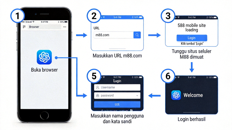 Infografik langkah demi langkah cara mengakses M88 mobile mulai dari membuka browser hingga login ke akun