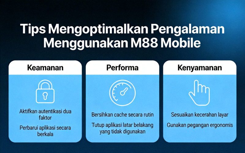 Infografik tips mengoptimalkan pengalaman menggunakan M88 mobile mencakup keamanan, performa, dan kenyamanan