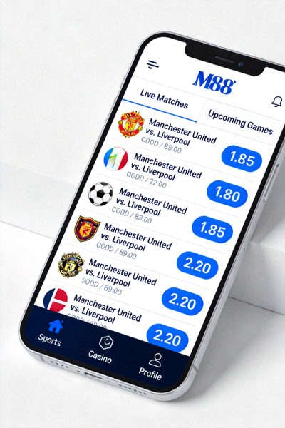 Tampilan sportsbook M88 mobile dengan daftar pertandingan olahraga dan odds yang tersedia